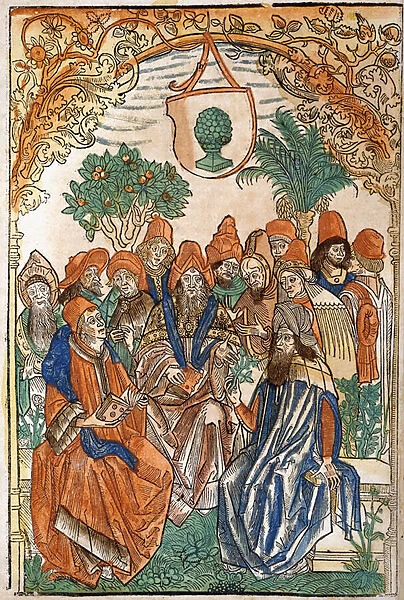 Thirteen scholars in a garden setting, 1485 (hand-coloured woodcut)