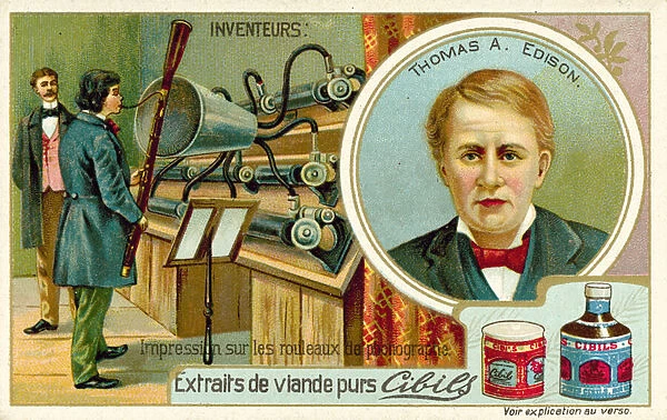 Thomas A Edison, inventor - recording a phonograph (chromolitho)