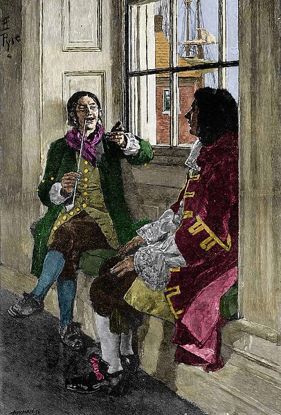 Thomas Tew (left) spoke with New York Governor Benjamin Fletcher in 1694