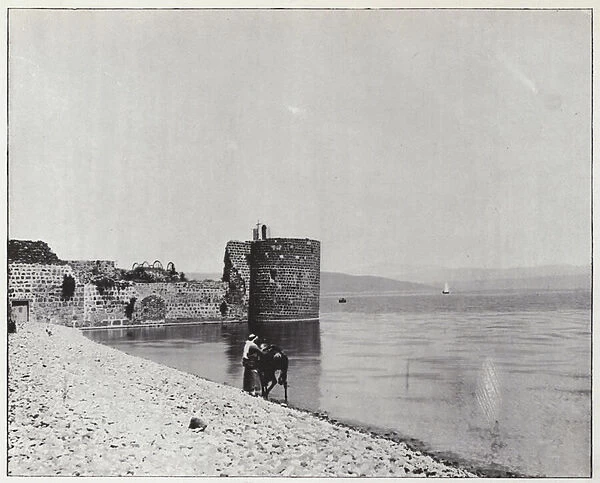 Tiberias, Angle of the town walls on the borders of the lake (b  /  w photo)