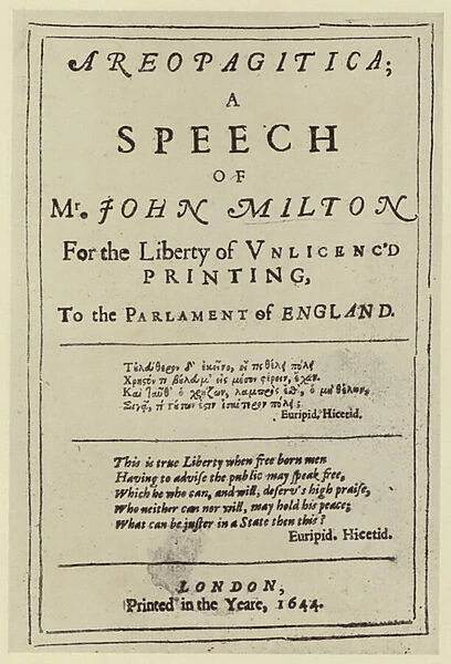 Title page from Areopagitica, by John Milton, 1644 (engraving)