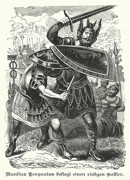 Titus Manlius Torquatus defeating a giant Gaul, 361 BC (engraving)