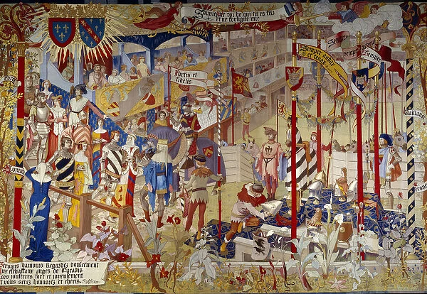 Tournament scene at the end of the 14th century. Tapestry des Gobelins to decorate