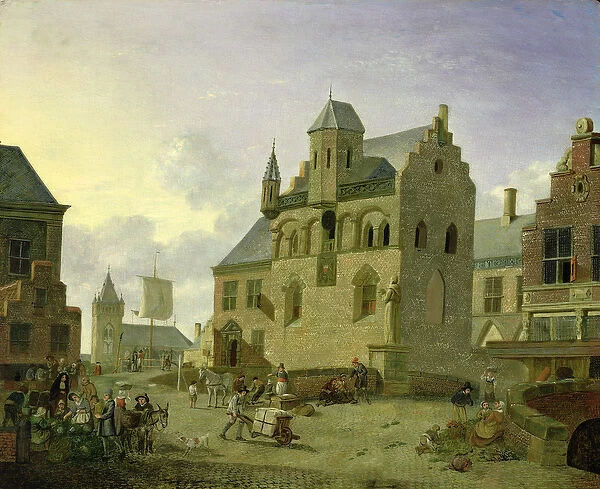 Town square with figures and peasants trading in a market place (panel)