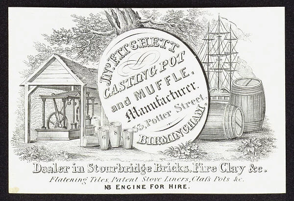 Trade card for J Fitchett, casting pot and muffle manufacturer and dealer in Stourbridge bricks fire clay etc, Birmingham (engraving)