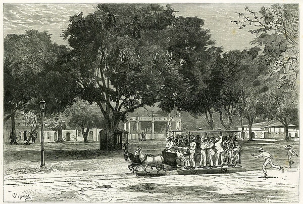 Tram, shooting by horses, in the port of Para (Brazil), on the largo of Nazareth