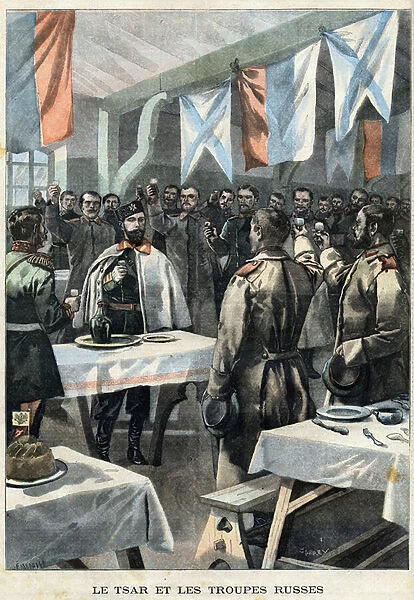 Tsar Nicholas II of Russia (1868-1918) greets the Russian soldiers from China who debarked Yalta in Crimea. Engraving in 'Le Petit Parisien'on 20  /  01  /  1901