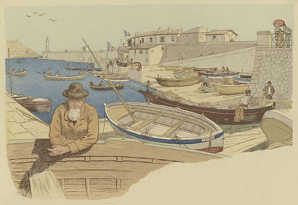 Typical boatman in the harbour at Nice, France (colour litho)