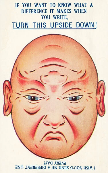Unhappy and happy mans face, optical illusion card (colour litho)