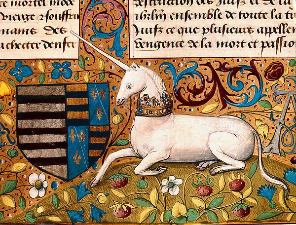 A unicorn and a coat of arms Detail of a 15th century manuscript page - Chantilly