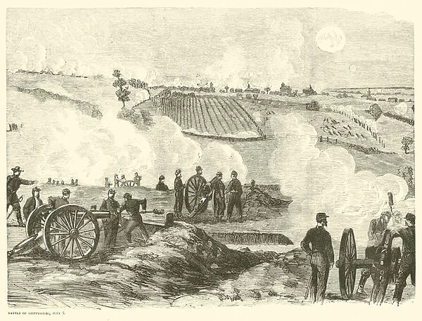 Union position near the center, Battle of Gettysburg, 2 July, July 1863 (engraving)