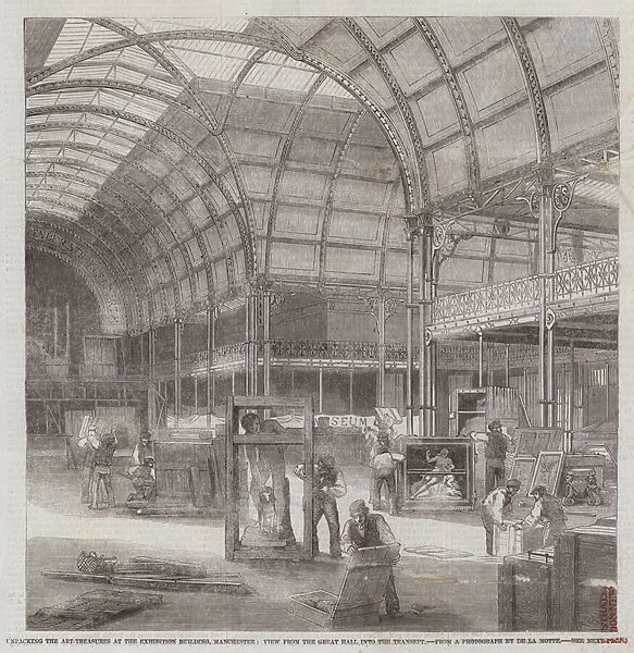 Unpacking the Art-Treasures at the Exhibition Building, Manchester, View from the Great Hall into the Transept (engraving)