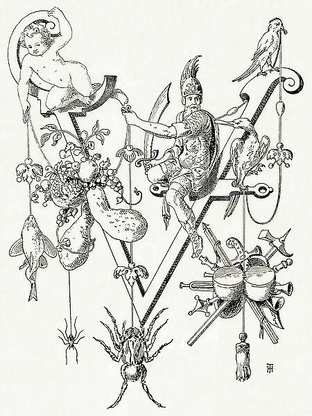 V - Vercingetorix - Alphabet by T. de Bry (new artistic alphabet), 1880 (engraving)