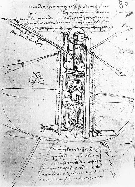 Vertically standing bird s-winged flying machine, fol. 80r from Paris Manuscript B