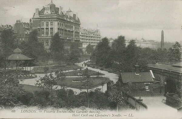 Victoria Embankment Gardens, showing Hotel Cecil and Cleopatras Needle, London (photo)