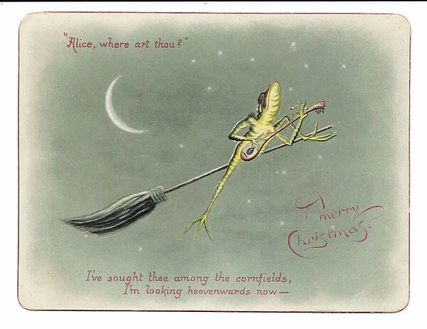 A Victorian Christmas card of a frog on a broomstick playing a banjo, c