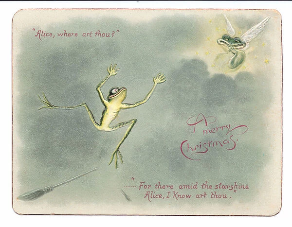 A Victorian Christmas card of a frog falling off a broomstick when he sees a smiling frog