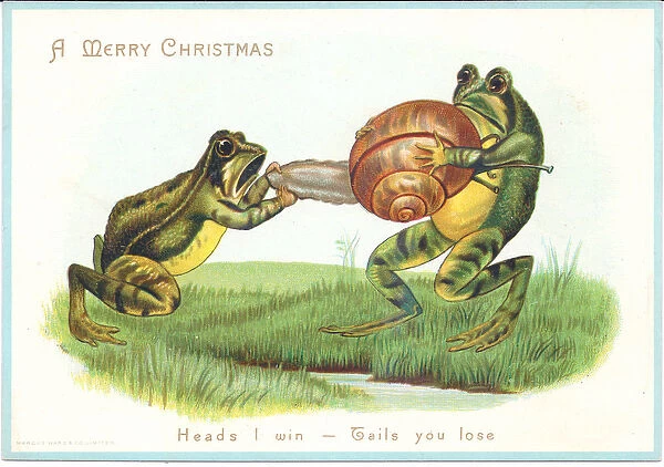 A Victorian Christmas card of two frogs having a tug-a-war with a snail, c