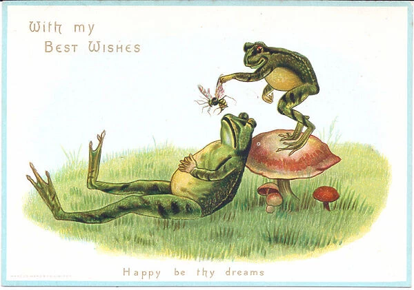 A Victorian greeting card of a frog standing on a mushroom
