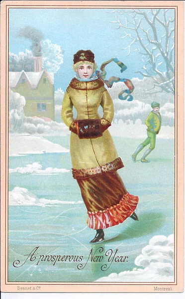 Victorian New Year card of a young woman skating on a frozen pond, c. 1880 (colour litho)