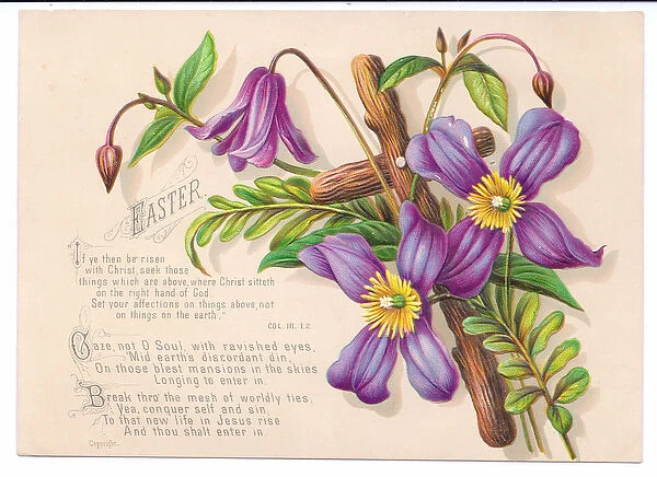 A Victorian religious Easter card of a cross entwined with clematis and leaves, c