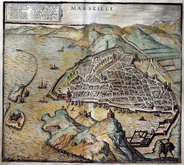 View of the city of Marseille with street map. Engraving from the Atlas de Braun