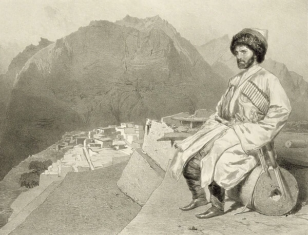 View of Ghimri and Portrait of Hadji-Mourad, plate 66 from a book on the Caucasus