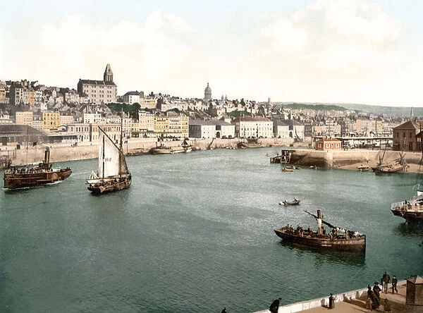 View of the port of Boulogne sur Mer with the Cathedral dome in the background, pub. c