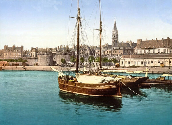 View of the walled city of St Malo from the Harbour, 1890-1900 (chromolitho)