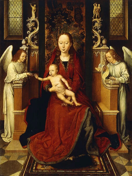 The Virgin and Child enthroned with two Angels, (oil on marouflaged panel)