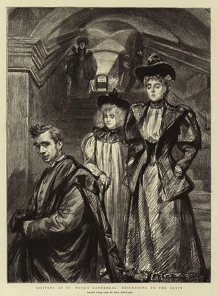 Visitors at St Pauls Cathedral, descending to the Crypt (litho)
