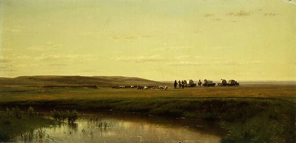 A Wagon Train on the Plains, Platte River, (oil on canvas laid on masonite)