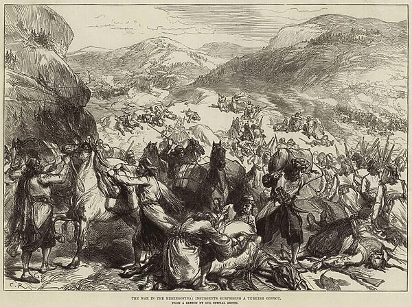 The War in the Herzegovina, Insurgents surprising a Turkish Convoy (engraving)