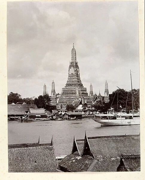 Wat Arun with Chao Phraya River, 1890 (b  /  w photo)