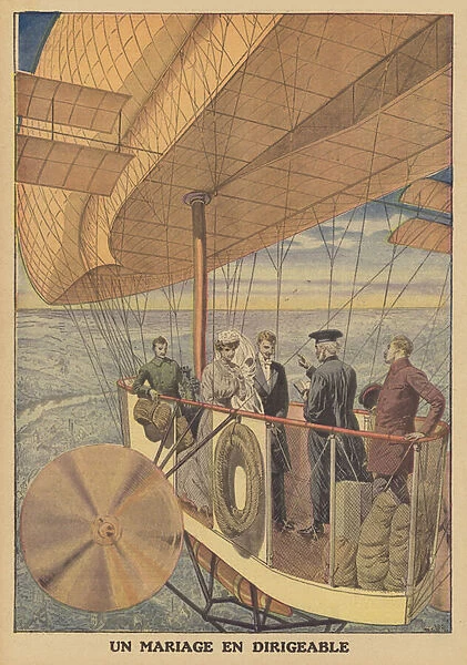 Wedding on board an airship (colour litho)