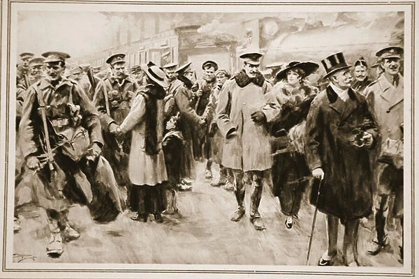 The Weekend away from the Front: British officers and men on short leave from the trenches arriving at Victoria, from The Illustrated War News, 1915 (litho)