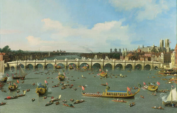 Westminster Bridge, London, With the Lord Mayors Procession on the Thames (oil on canvas)