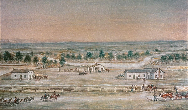The Whitman Mission in 1845 (colour litho)