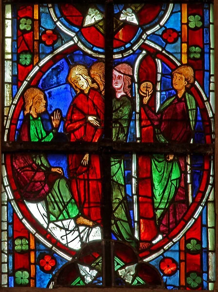 Window w209 depicting St Nicholas enticed by women (stained glass)