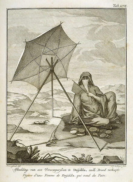 Woman of Dsjidda making flatbread in the desert, engraved by C. J. de Huyser, published c