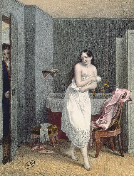 Woman Getting out of her Bath, c. 1825 (colour litho)