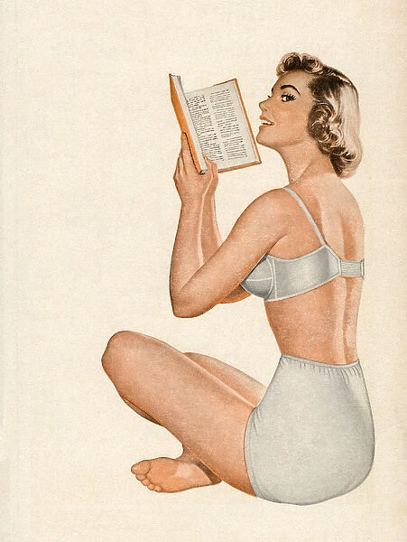 Woman in Lingerie Sitting Reading a Book, 1955 (screen print)