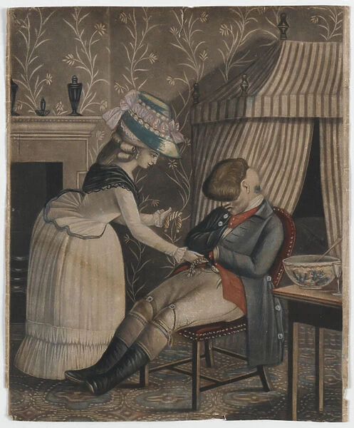 Woman stealing a stocking purse and pocket watch from a sleeping man, c