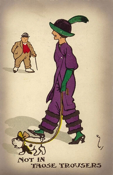 Woman in trousers walking her dog (colour litho)