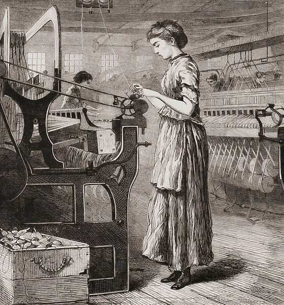 Woman working on a loom in a factory in 19th century