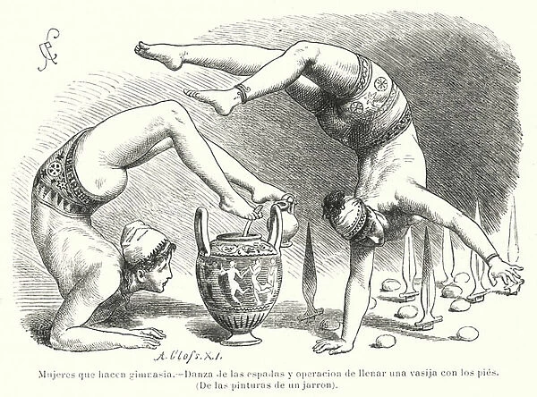 Women performing gymnastics in Ancient Greece: sword dance and filling a vessel using the feet (litho)