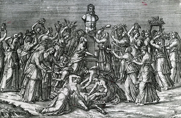 Eight Women Sacrificing to Priapus, 16th Century (engraving)