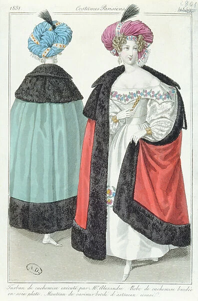 Two women with turbans, dresses and cloaks of cashmere, from Costumes Parisiens
