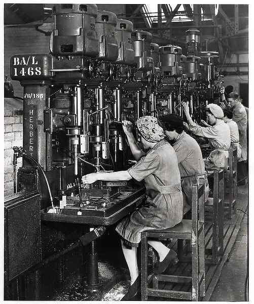 Women at work, drilling and reaming aircraft wing spar fittings for Blackburn Aircraft
