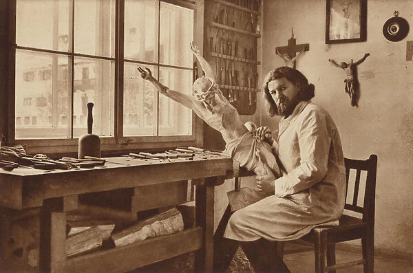 Wood-Carvers Workshop in Oberammergau, Alois Lang, the Representator of Christ in the Passions Play 1930 (b  /  w photo)